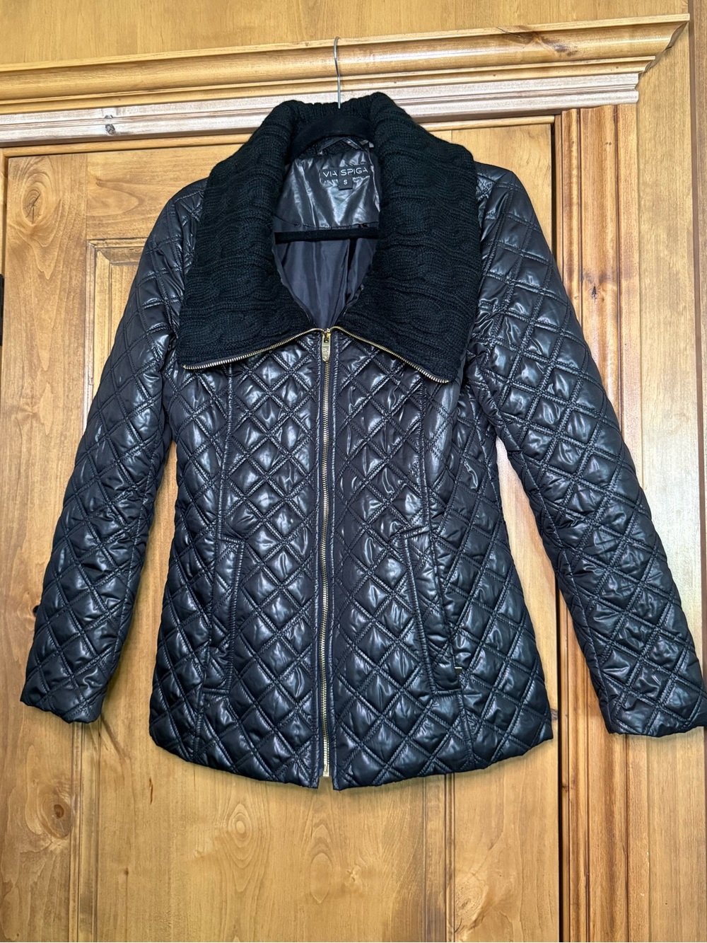 Via Spiga Black Quilted Puffer Jacket with Knit Collar Size Small